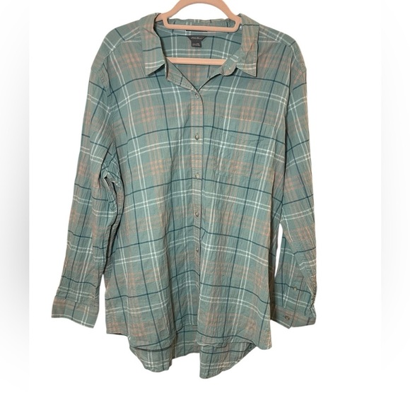 Eddie Bauer plaid button front top hiking camping outdoors pastel green pink 2XL - Picture 1 of 9